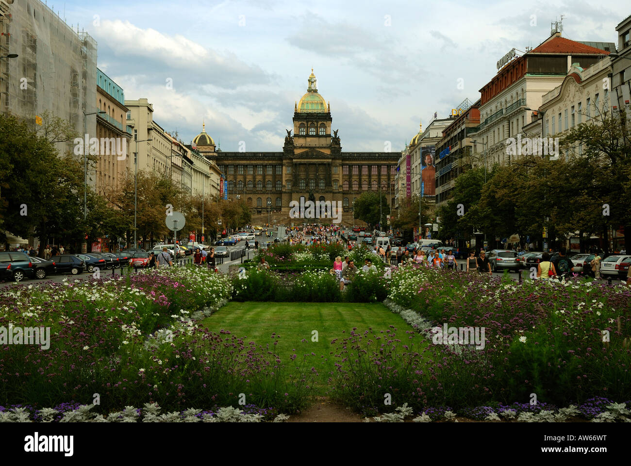 Vista panoramica della piazza Wenceslas e dal Museo Nazionale nel quartiere di Nove Mesto,, Praga Foto Stock