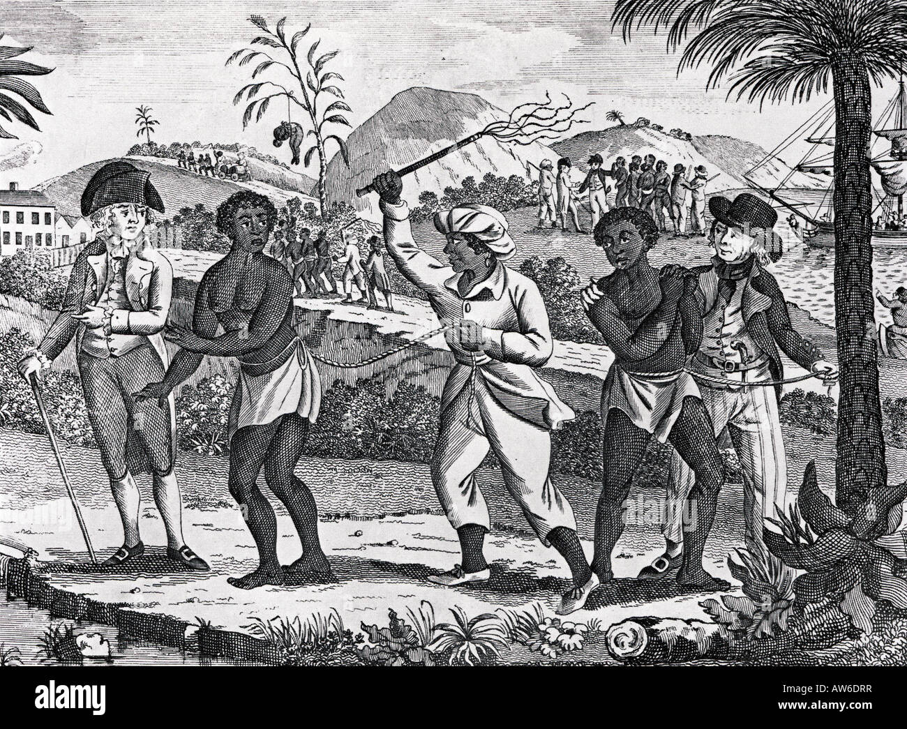 La Schiavitù del xviii secolo incisione abolizionista che mostra una slave femmina essendo ancorato e agli altri di essere scaricati da navi Foto Stock