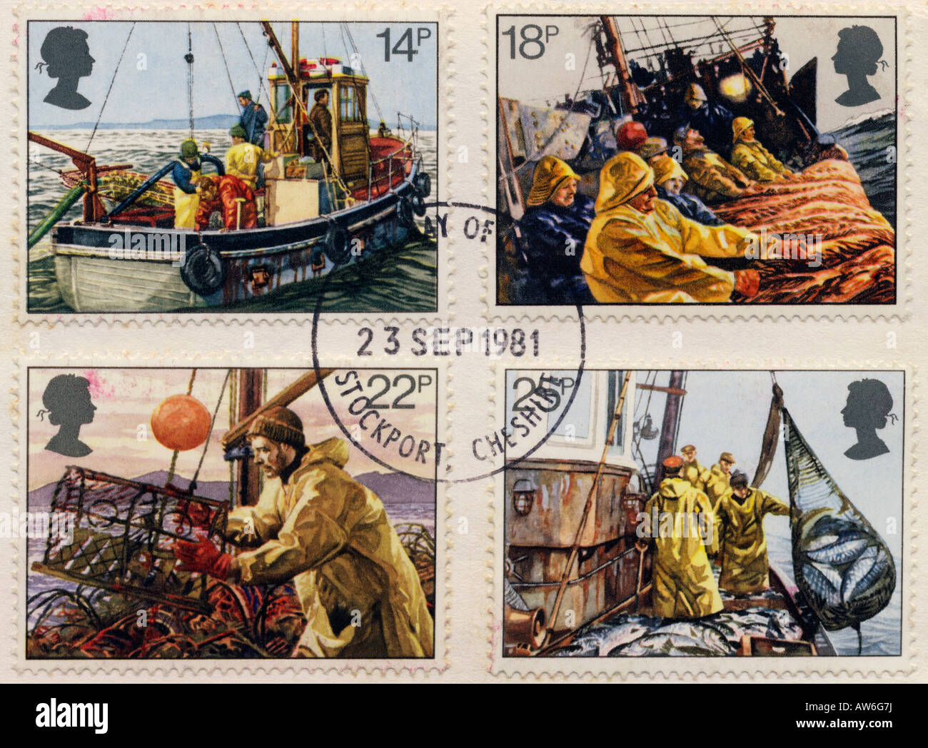 British francobolli che mostra la pesca a fini commerciali Foto Stock