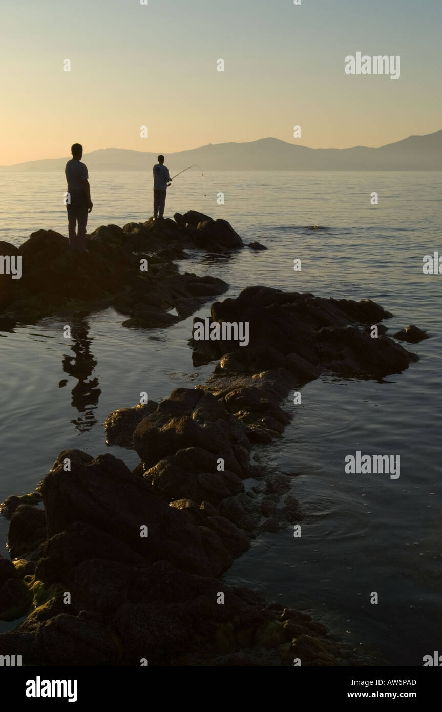 I pescatori sull'isola di Mykonos in Grecia. Foto Stock