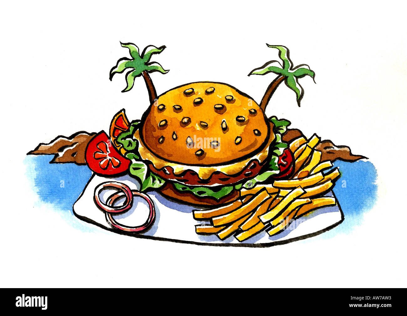 Piastra del cheeseburger e patatine fritte in bilico su un isola deserta Foto Stock