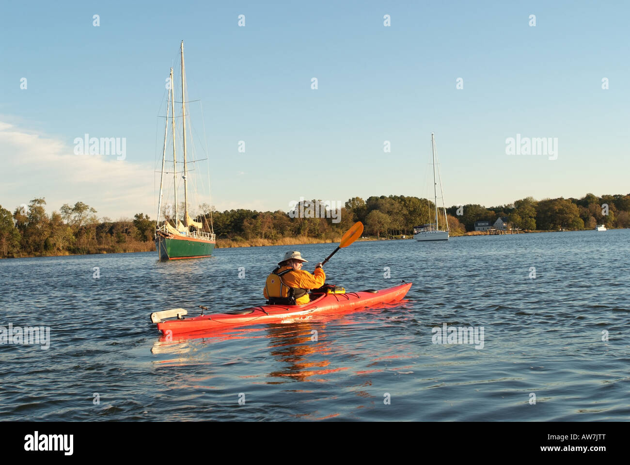 Stati Uniti d'America Chestertown MD un uomo kayak sul fiume Chester Foto Stock