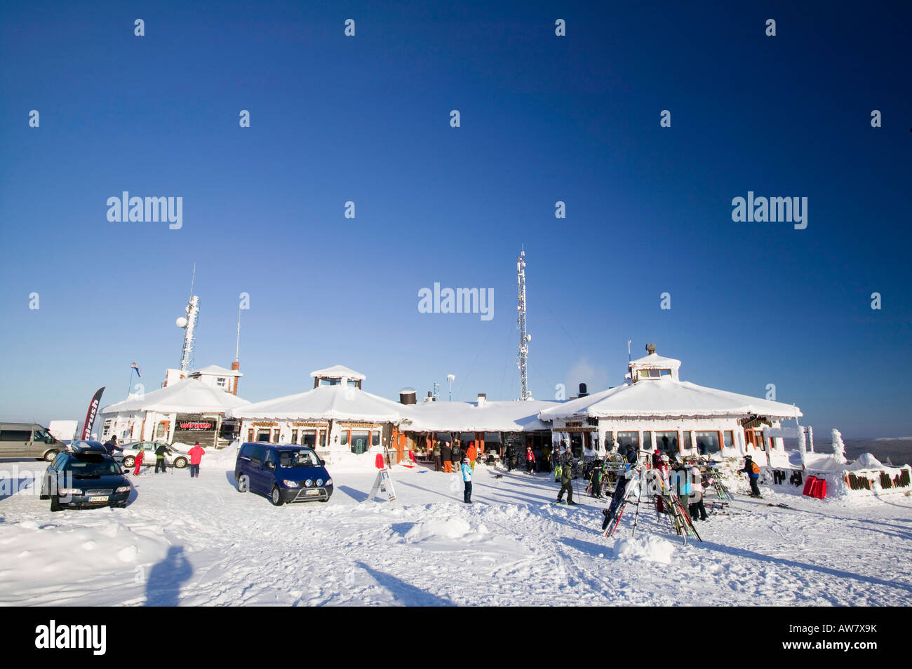 Il Kaunispaa ski resort Saariselka sopra il nord della Finlandia il cambiamento climatico ha già sollevato la temperatura media di 0,7 oC Foto Stock