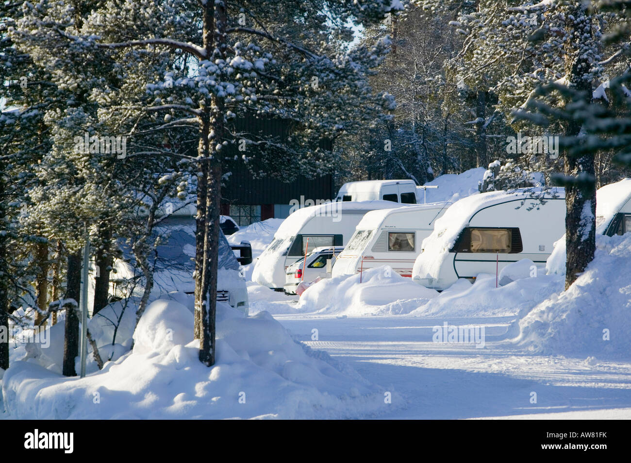 Un caravan park a Saariselka il nord della Finlandia Foto Stock