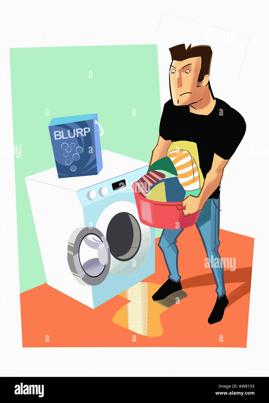 L uomo lo svuotamento della macchina di lavaggio di bucato Foto Stock