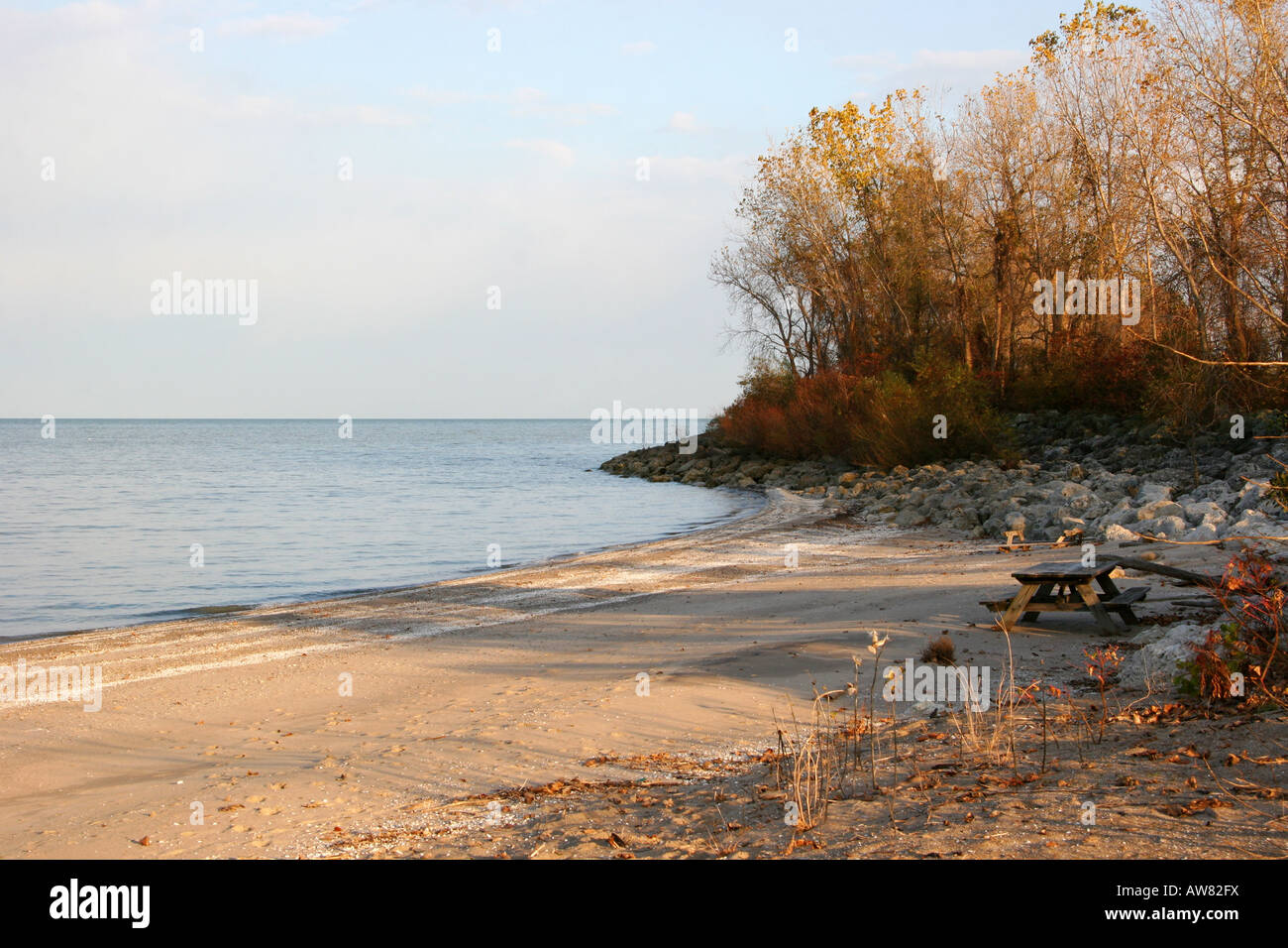 Tavolo da picnic, lago, spiaggia, natura autunnale, Ohio deserta, paesaggio rurale americano, Ohio, Stati Uniti, hi-res Foto Stock