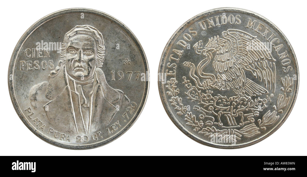 1977 Cien messicano Pesos moneta d'argento, complementare e retromarcia. Busto di Jose Morelos. Foto Stock
