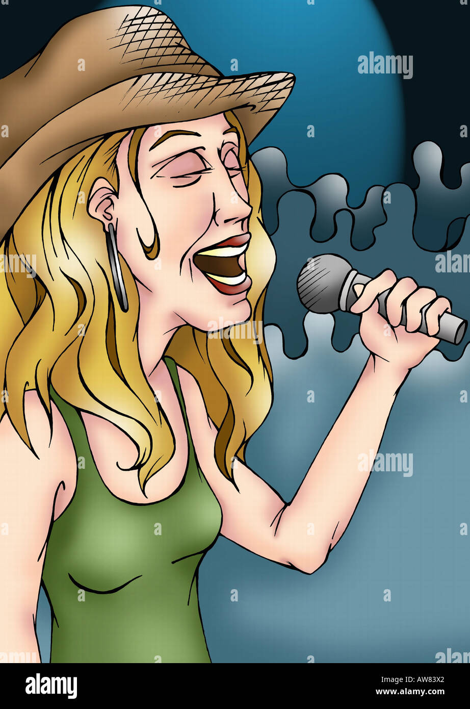 Cantante femminile su un palco con un microfono Foto Stock