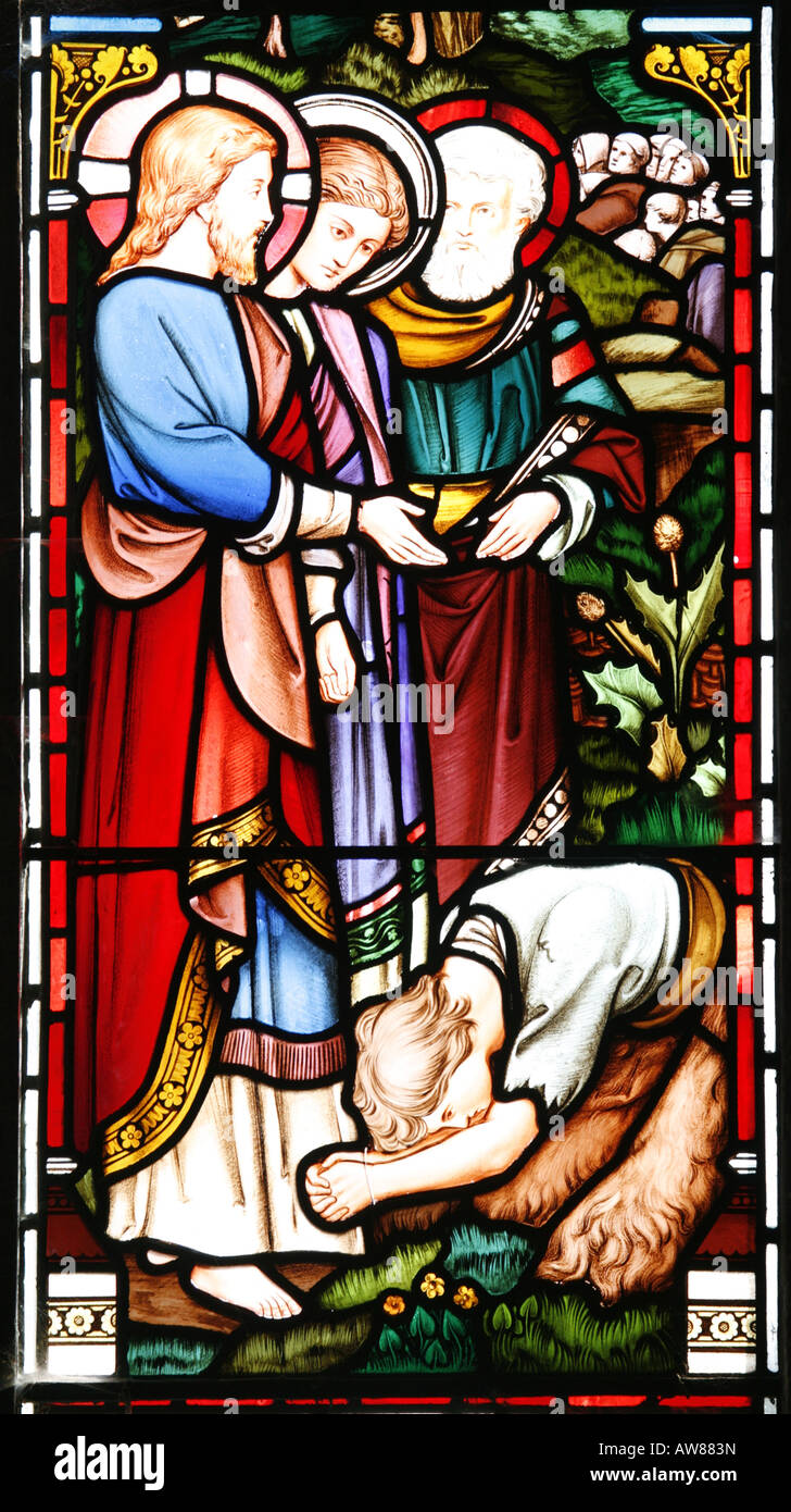 Vetrata colorata raffigurante la pulizia dei dieci lebbrosi di Gesù: Vangelo di Luca 17:11-19 Foto Stock