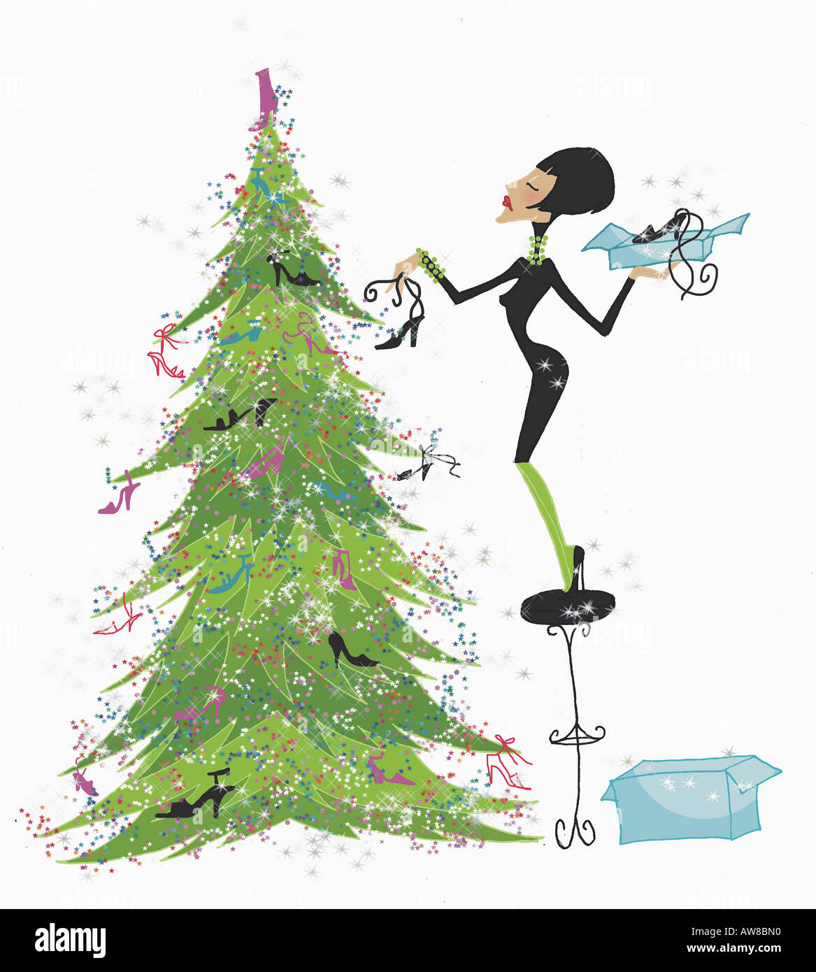 Donna decorazione di albero di Natale con le scarpe Foto Stock