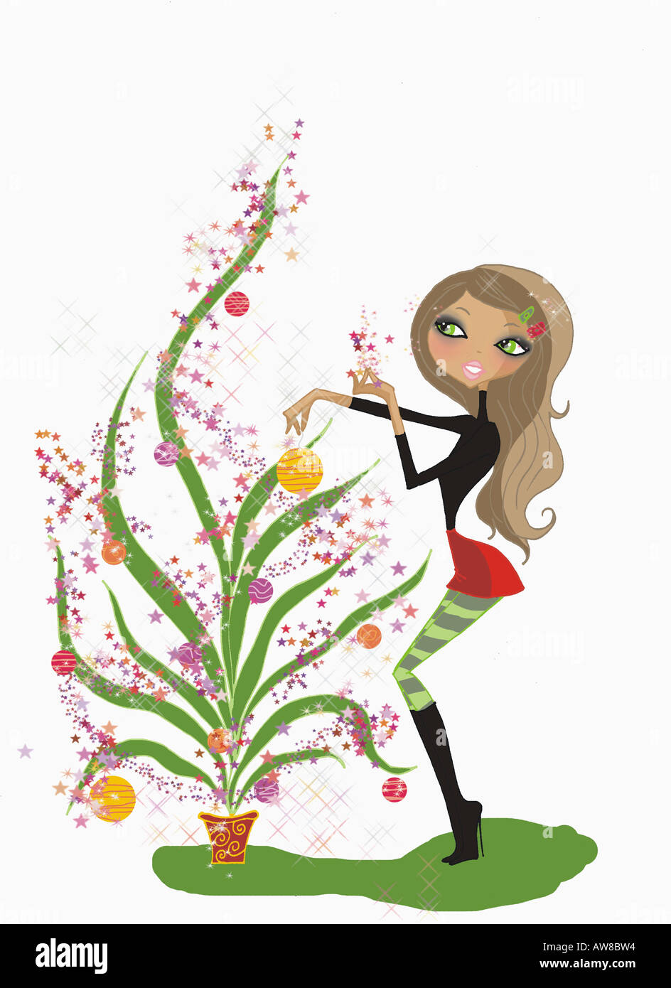 Donna decorazione di impianto come un albero di Natale Foto Stock