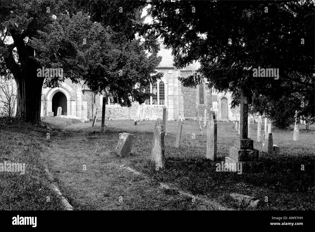 Poco utilizzata a ingresso laterale percorso di St James chiesa in Christow su Dartmoor con lapidi e alberi a sbalzo in mono Foto Stock