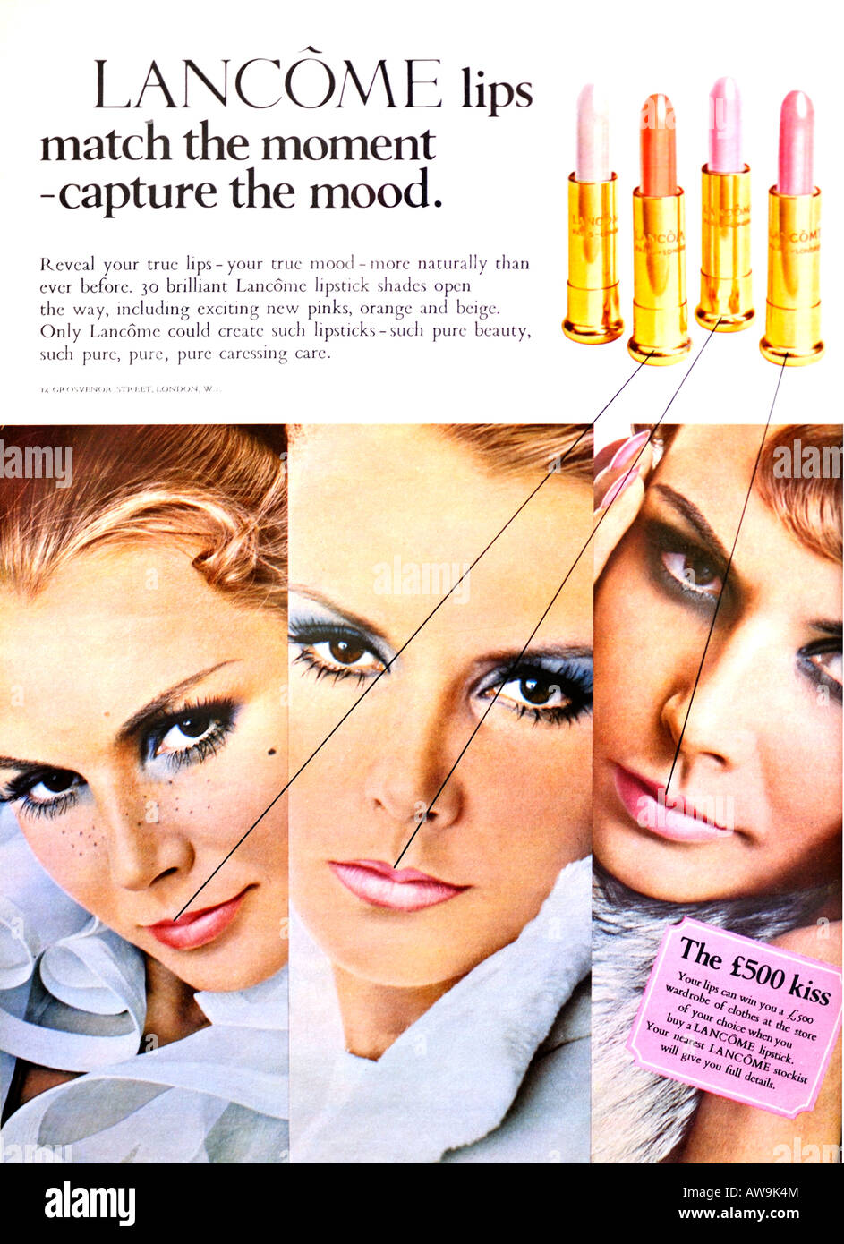 Anni sessanta Nova Magazine Ottobre 1968 Pubblicità per la Lancome rossetto per solo uso editoriale Foto Stock