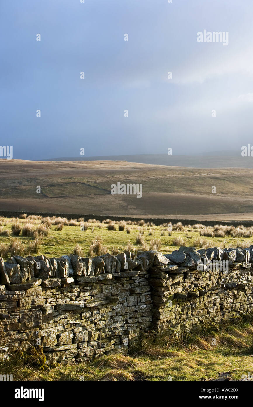 Oscura pioggia nuvole sopra una pietra a secco parete delimitante Winton cadde, Cumbria, Regno Unito Foto Stock