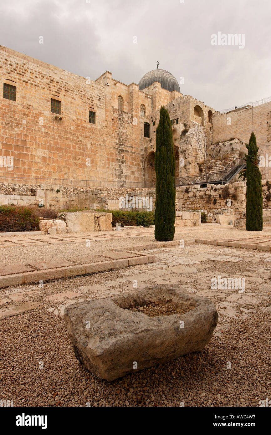 Israele la parete sud della Montagna del Tempio e Cupola di El Aqsa moschea come visto da Gerusalemme il parco archeologico Foto Stock