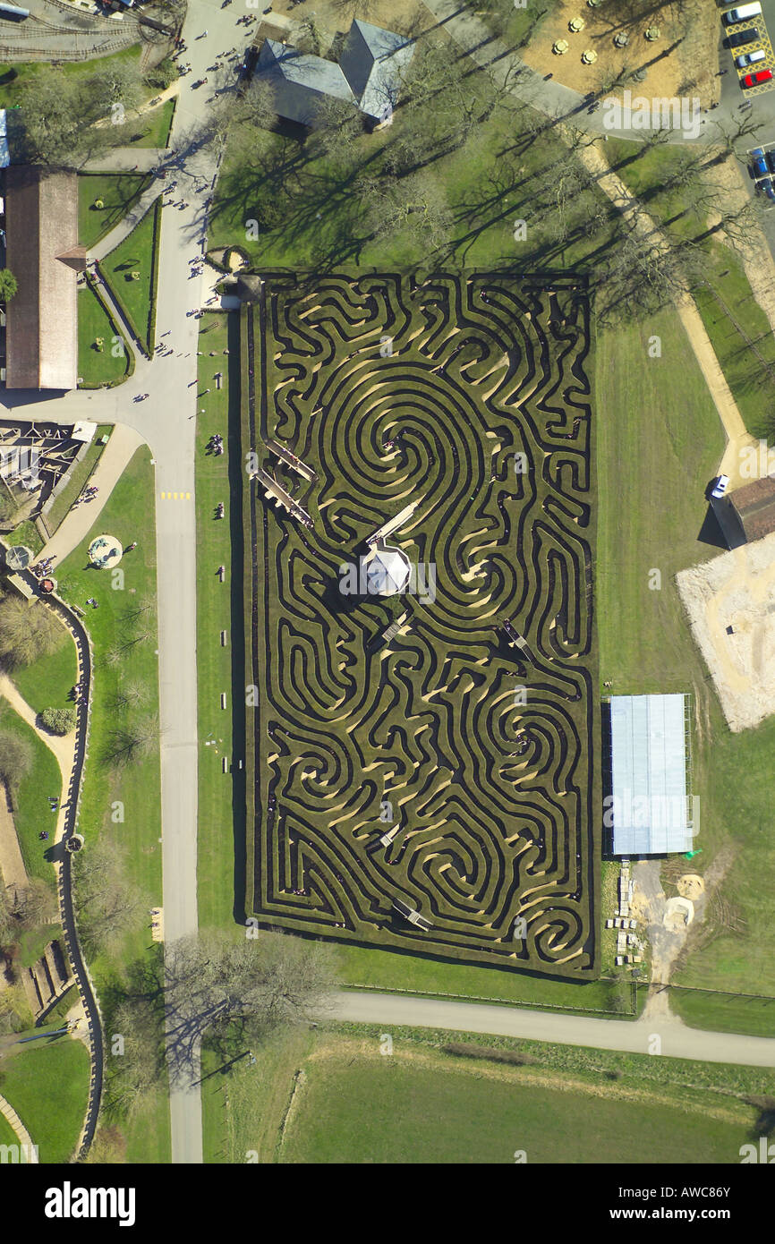 Verticale vista aerea del labirinto di siepi a Longleat House Foto Stock