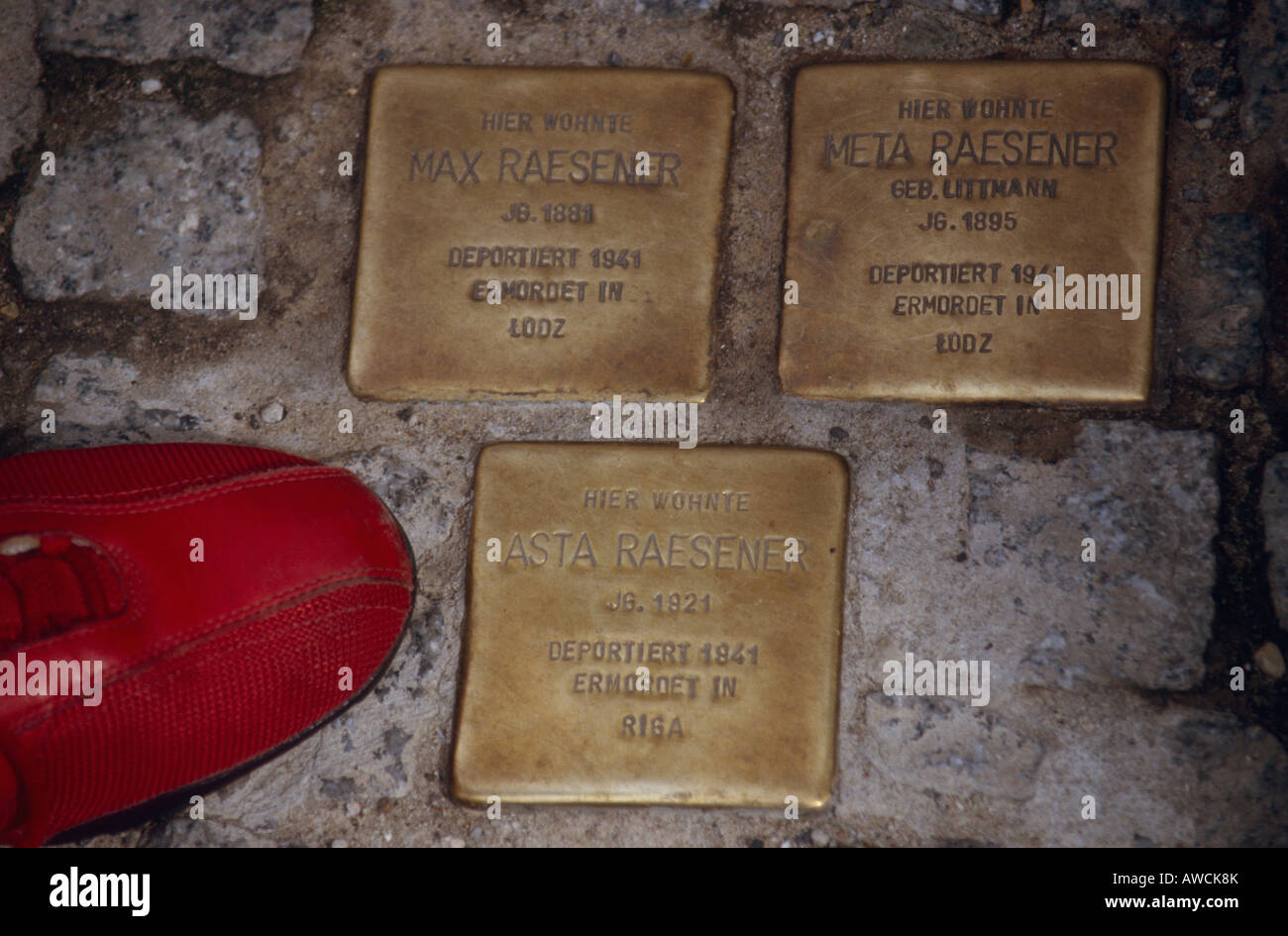 Pietre commemorative nel quartiere ebraico di Berlino, Germania, Europa Foto Stock