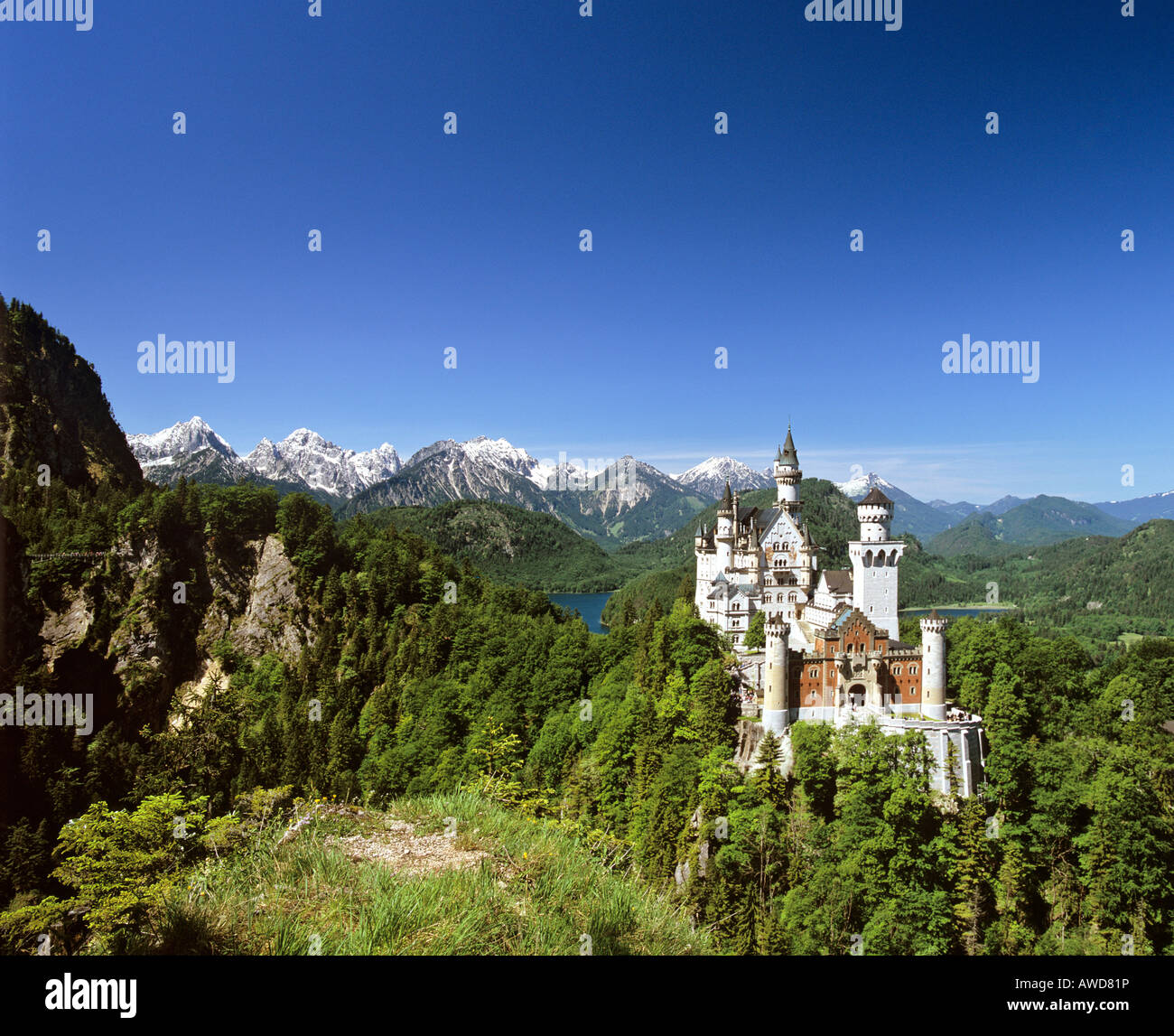 Il Castello di Neuschwanstein, Panorama, Alp lago, Marienbruecke, Thannheimer montagne, Allgaeu, Baviera, Germania Foto Stock