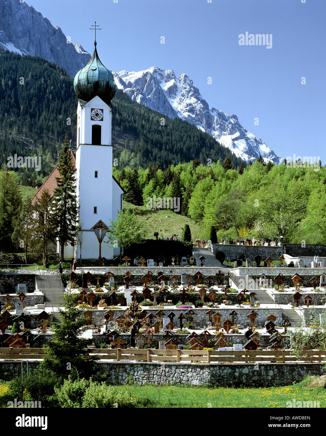 Chiesa Johanneskirche, tombe e tarassaco prato, Grainau, Alta Baviera, Baviera, Germania, Europa Foto Stock