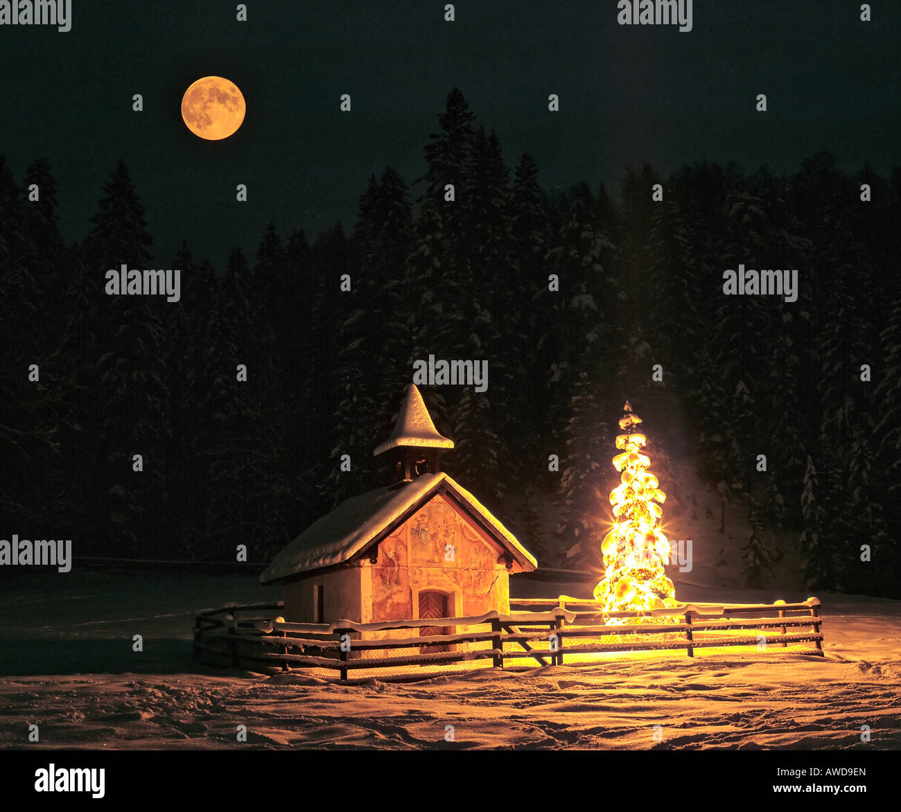 Cappella, albero di Natale dalla luna piena in prossimità Elmau, Alta Baviera, Baviera, Germania, Europa Foto Stock