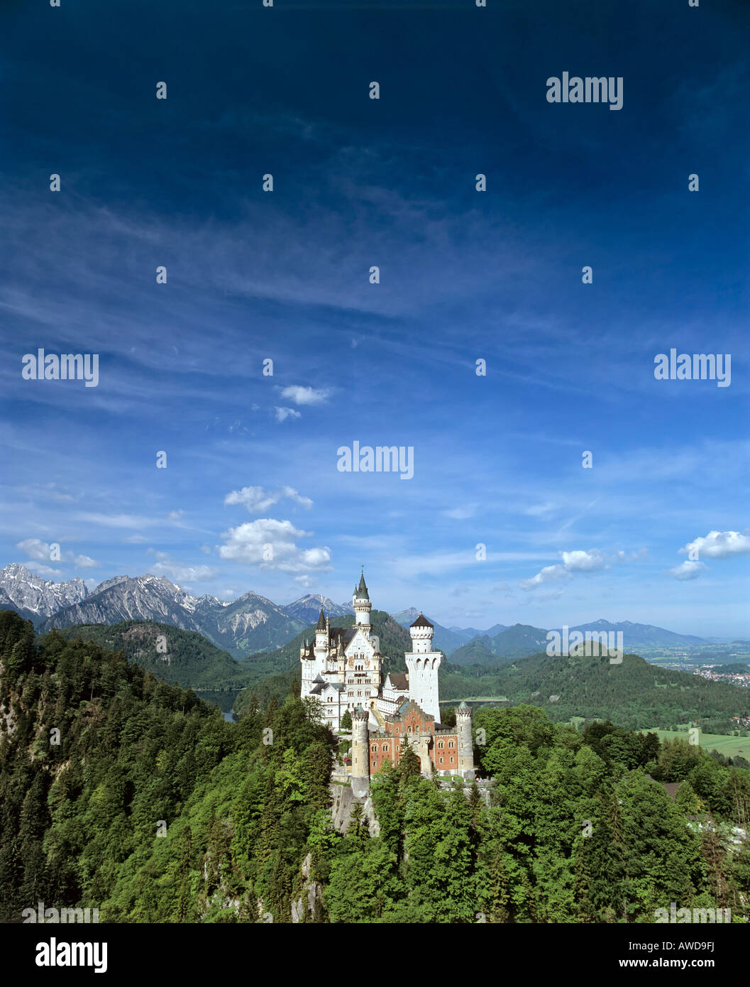 Il Castello di Neuschwanstein, Panorama, Alp lago, Fuessen, Thannheimer montagne, Allgaeu, Baviera, Germania Foto Stock