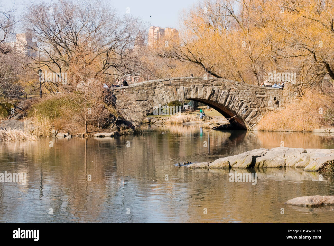 Gapstow Bridge e sul laghetto di Central Park di New York Foto Stock