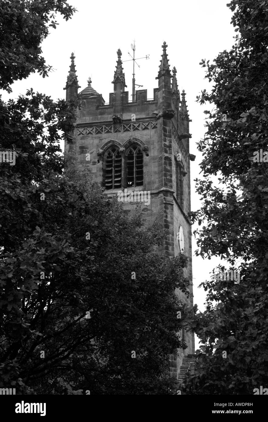 Gawsworth Chiesa vista attraverso gli alberi in bianco e nero Chehire Regno Unito 2007 Foto Stock
