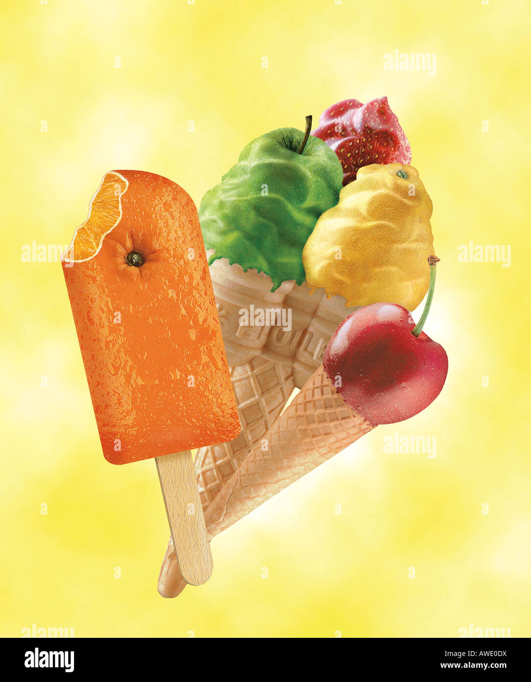 Mazzetto di cono gelato con frutti hyperrealists Foto Stock