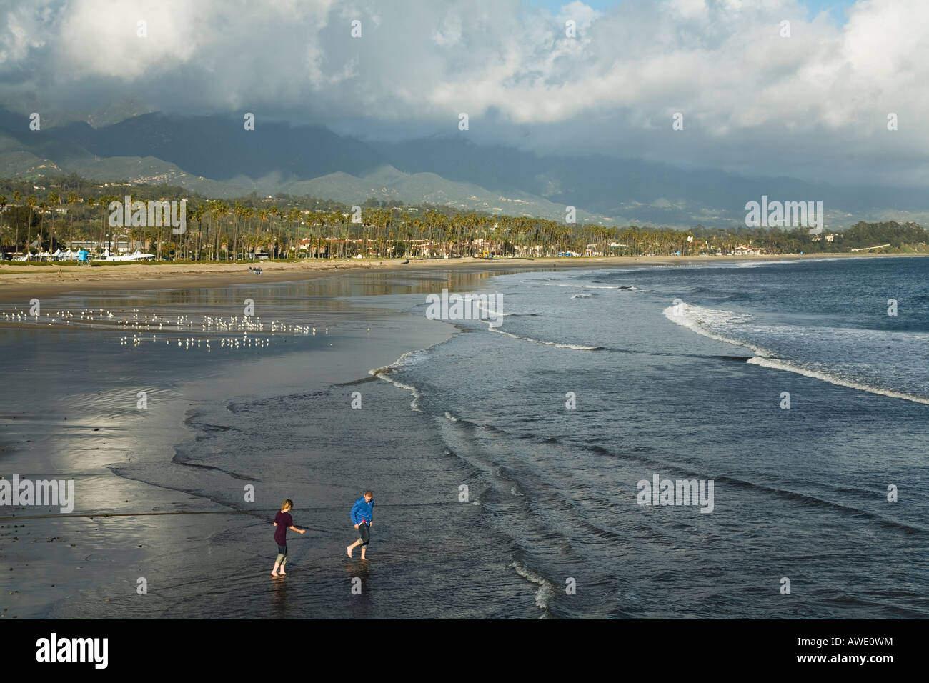 CALIFORNIA Santa Barbara gente camminare lungo il bordo delle acque sulla spiaggia a est delle Montagne e l'Oceano Pacifico mare gabbiani in acqua poco profonda Foto Stock