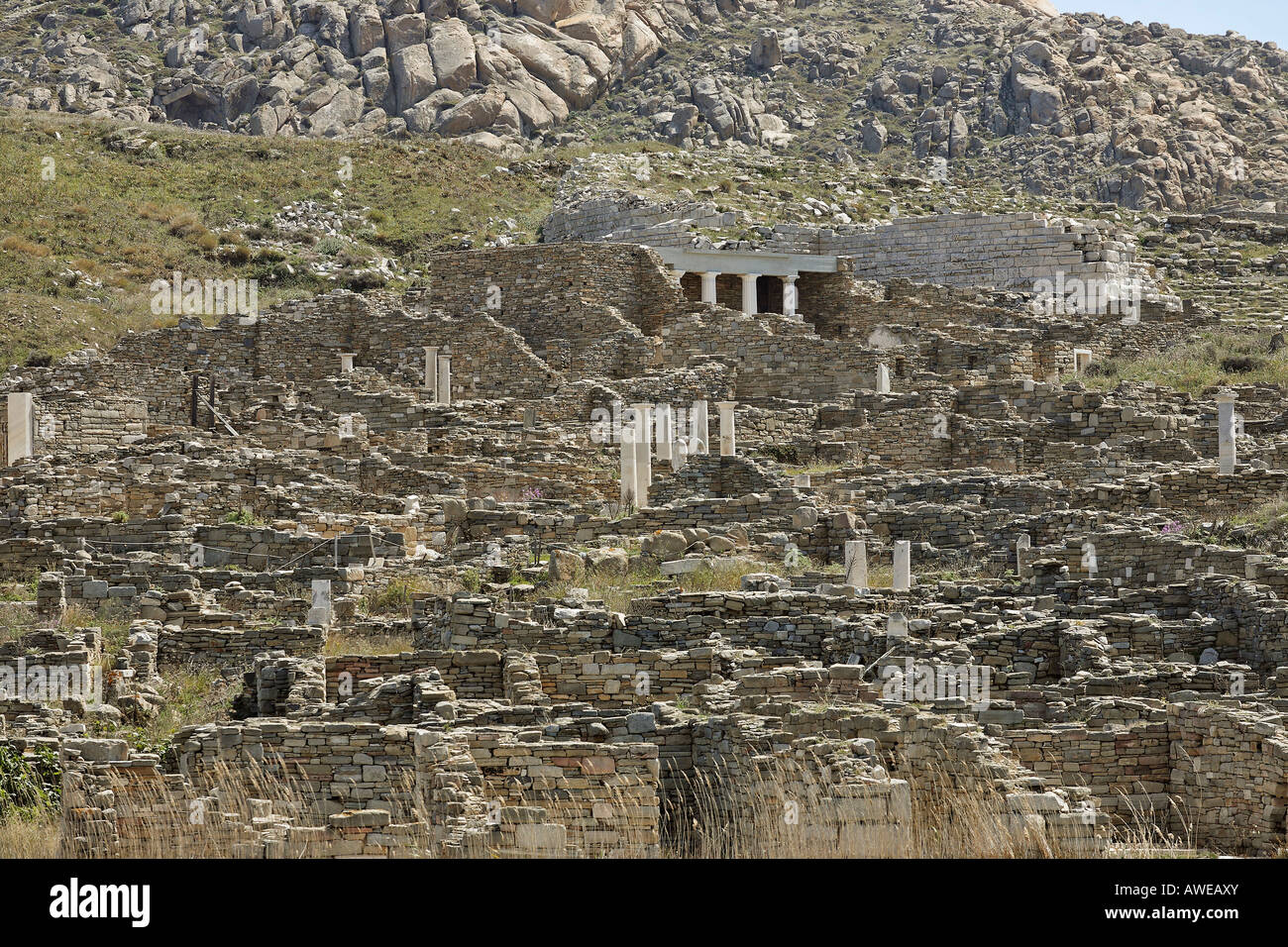 Trimestre del teatro con le case del periodo ellenistico, Delos, Grecia Foto Stock