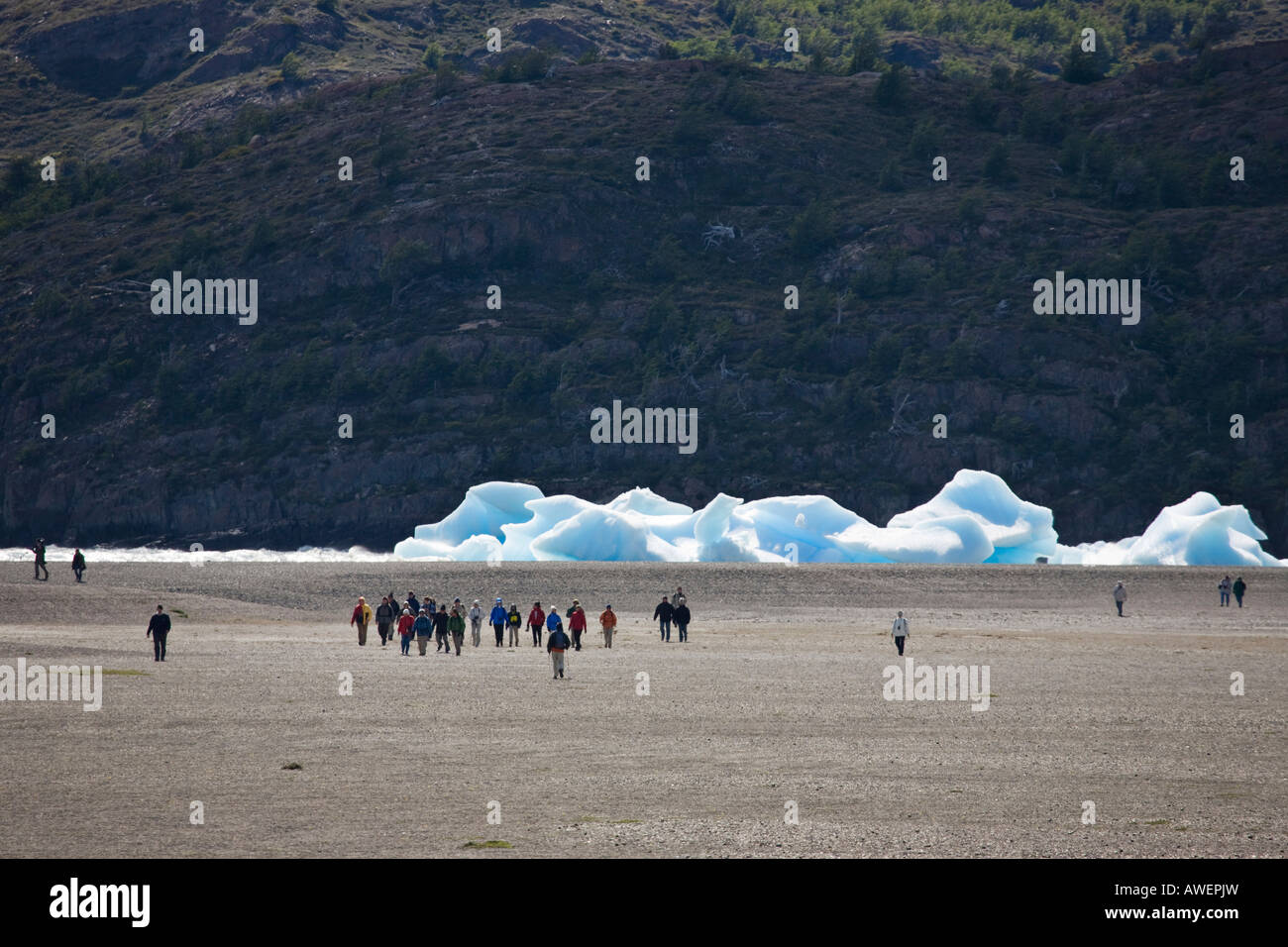 I turisti che visitano gli iceberg al Lago Gray, il Parco Nazionale Torres del Paine, Patagonia, Cile, Sud America Foto Stock