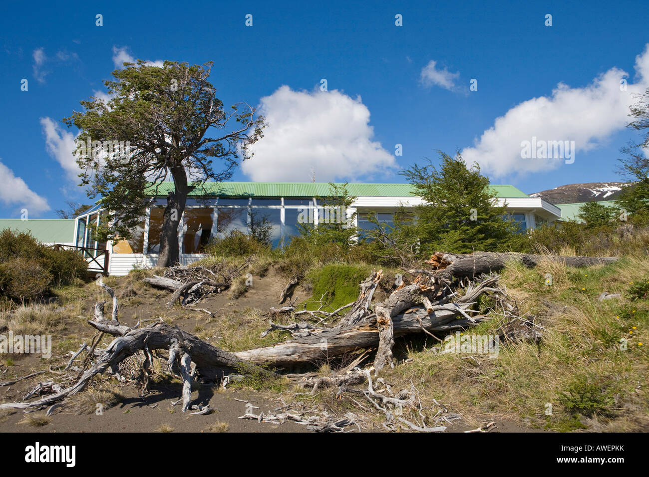 Hosteria Lago grigio, Parco Nazionale Torres del Paine, Patagonia, Cile, Sud America Foto Stock