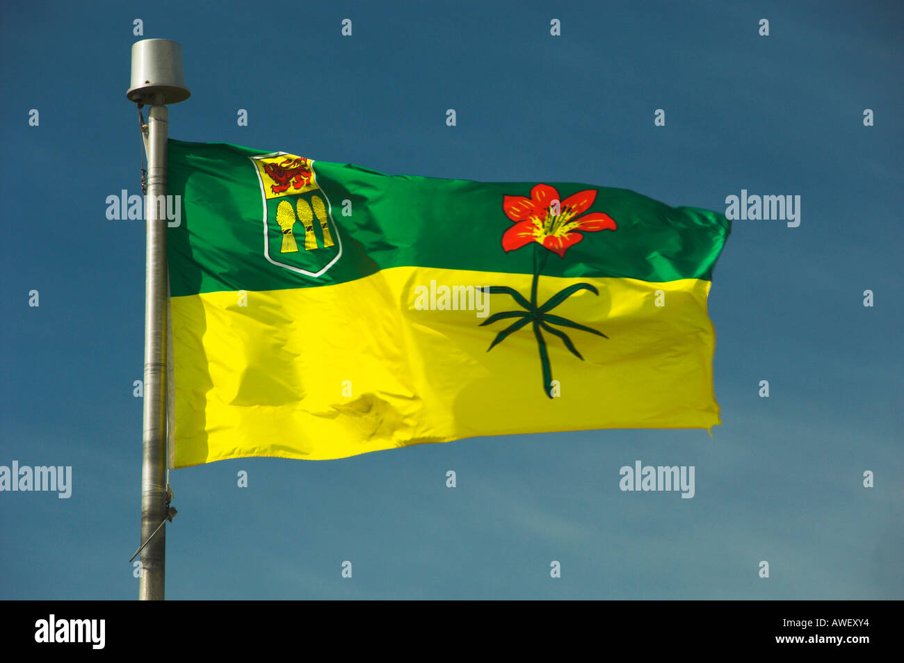 La Saskatchewan bandiera provinciale contro un cielo blu Foto Stock