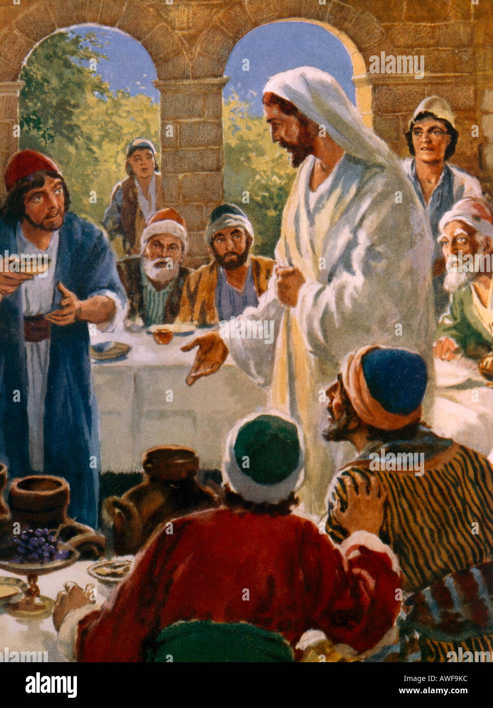 Gesù alla festa nuziale a Cana di Galilea, esecuzione del primo miracolo di trasformare l'acqua in pittura di vino di Henry Coller Bible Story Foto Stock