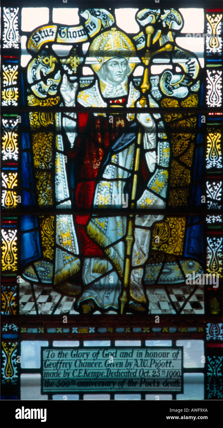 Cattedrale di Southwark Londra Inghilterra vetrata di San Tommaso di Canterbury in memoria di Geoffrey Chaucer Foto Stock