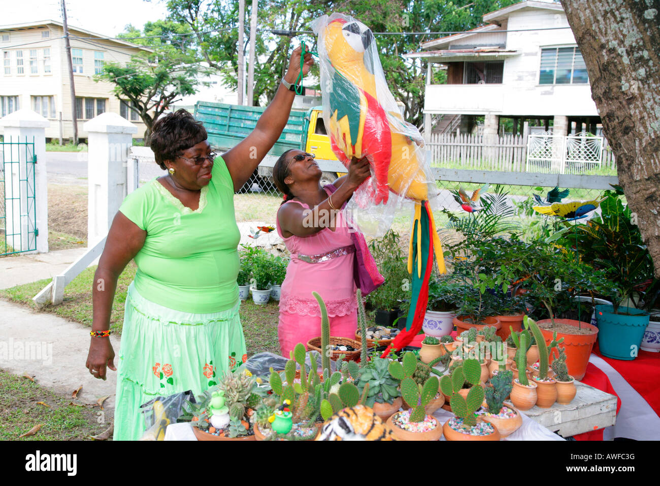 La donna la visualizzazione di mercanzia in Ana Correia artigianato bazaar di Georgetown, Guyana, Sud America Foto Stock