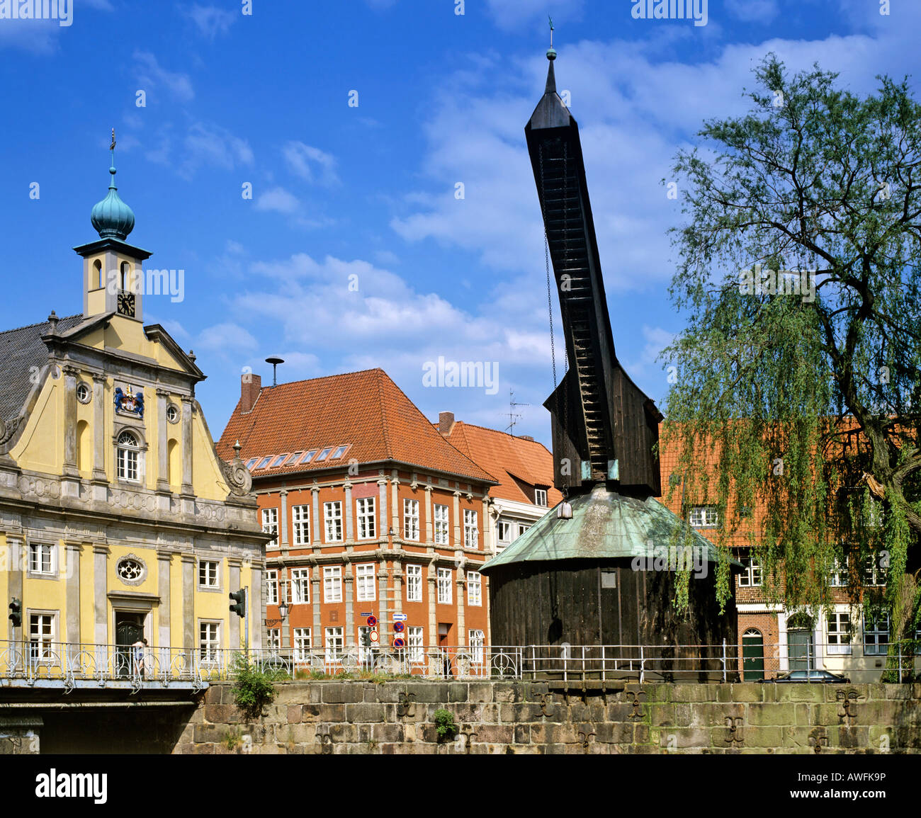 Gru e case del vecchio porto di Lueneburg, Bassa Sassonia, Germania, Europa Foto Stock