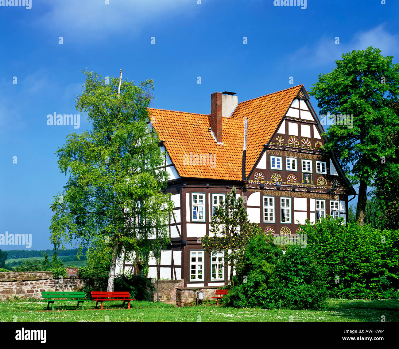 Fachwerk-style house di Blomberg, Renania settentrionale-Vestfalia, Germania, Europa Foto Stock
