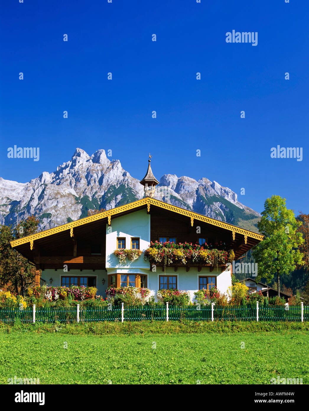 Casa di campagna con Mt. Eiskogel in background, Tennengebirge (Tennen gamma), Salzburger Land Austria, Europa Foto Stock