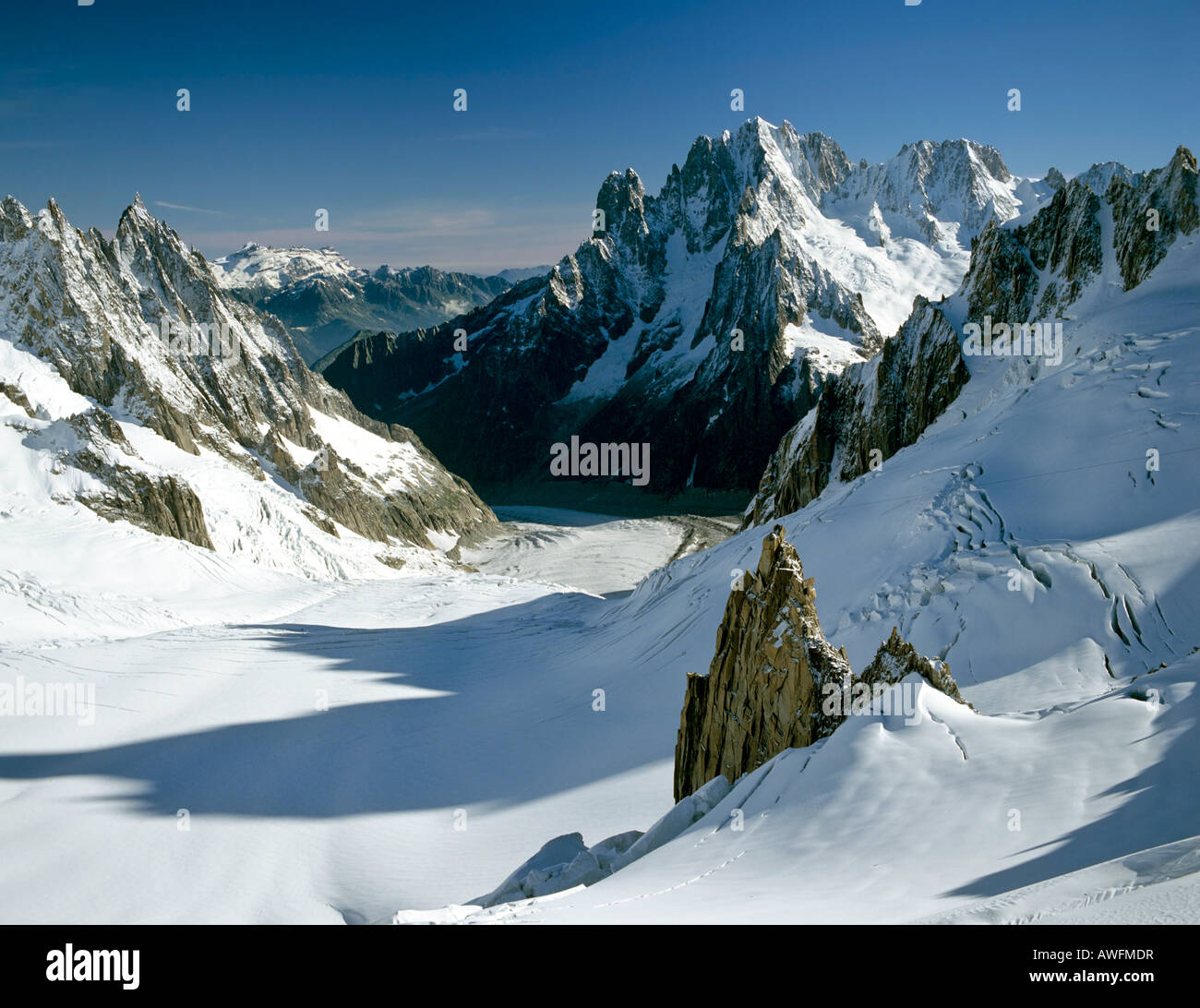 Mt. Aiguille Verte, Mer de Glace ghiacciaio, Mont Blanc, Gruppo Savoy Alpi, Chamonix, Francia, Europa Foto Stock