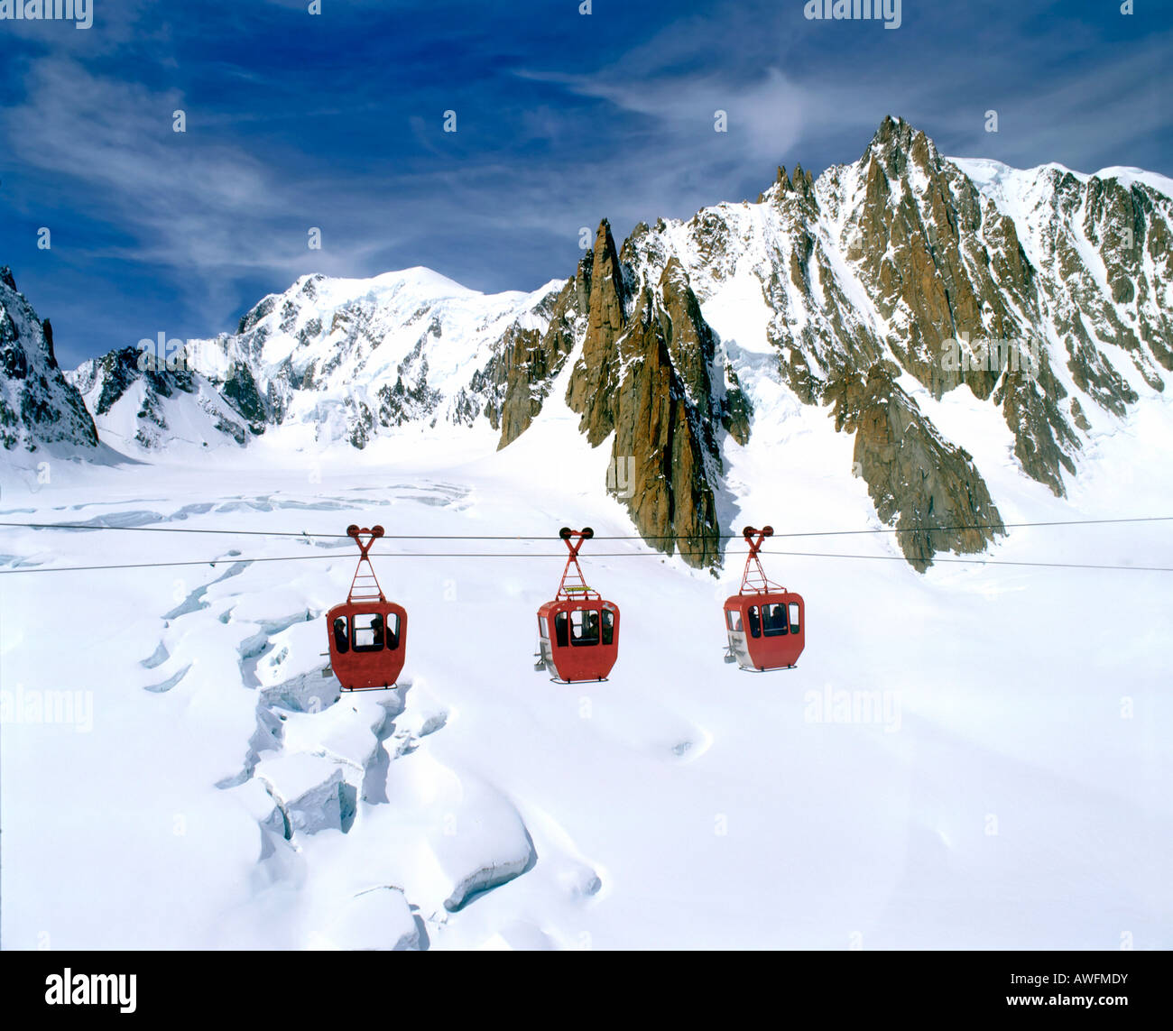 Telecabina andando da Mt. Aiguille du Midi al punto Helbonner, vista di Torino cabina, Mont Blanc, Vallee Blanche, creva glaciale Foto Stock