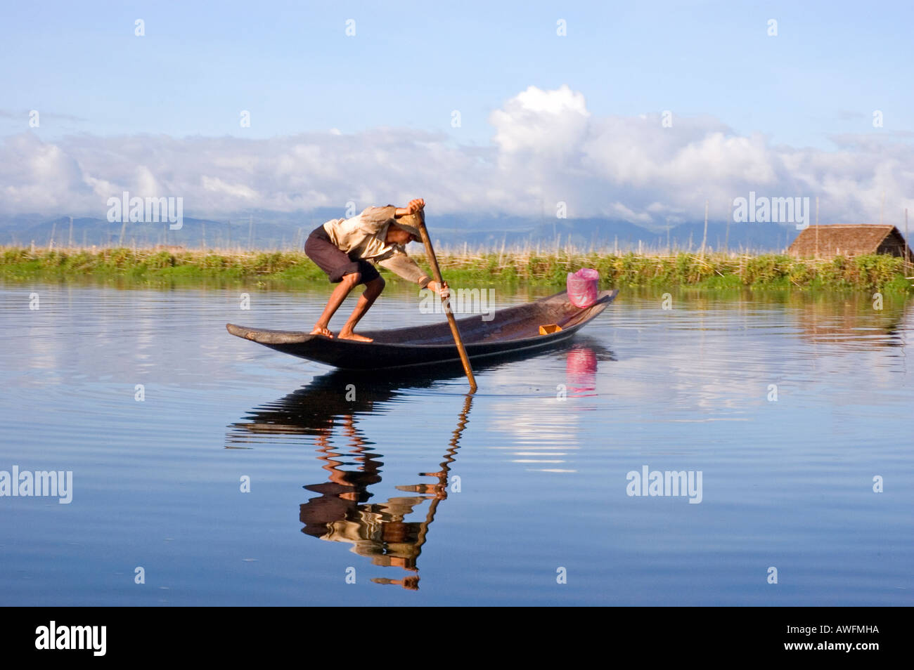 Fotografia di stock di un uomo di dragaggio del fondo del lago per weed al Lago Inle in Myanmar Foto Stock