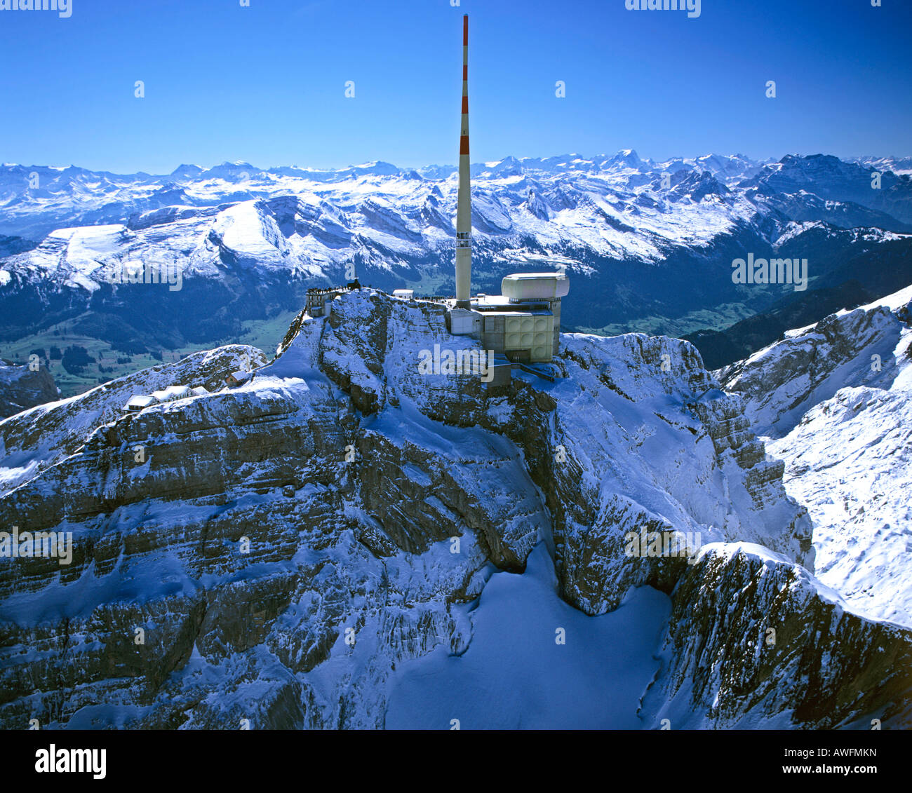 Riprese aeree, Saentis, torre della radio, Appenzeller Alpi, Appenzell, Svizzera, Europa Foto Stock