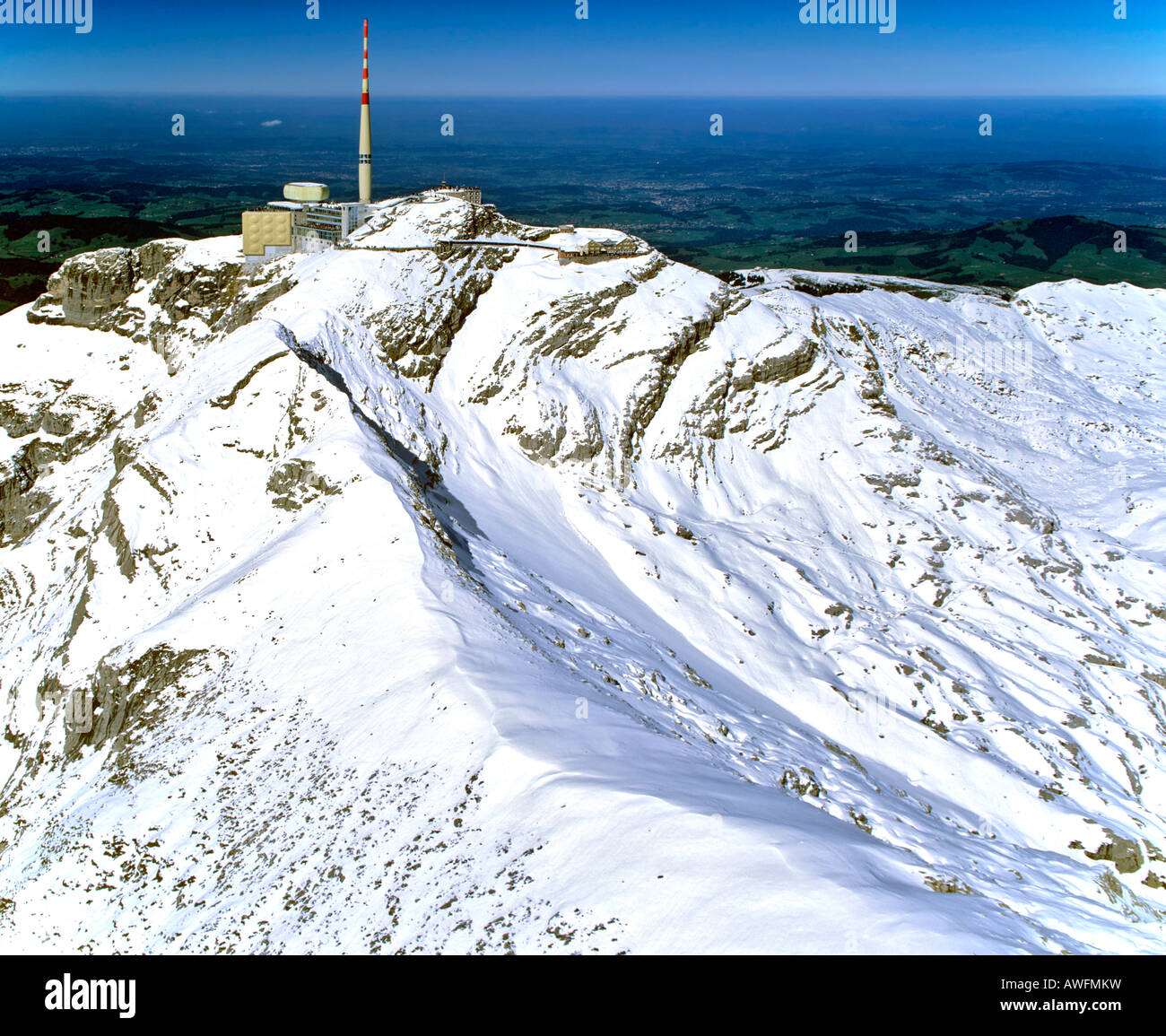 Riprese aeree, Saentis, torre della radio, Appenzeller Alpi, Appenzell, Svizzera, Europa Foto Stock