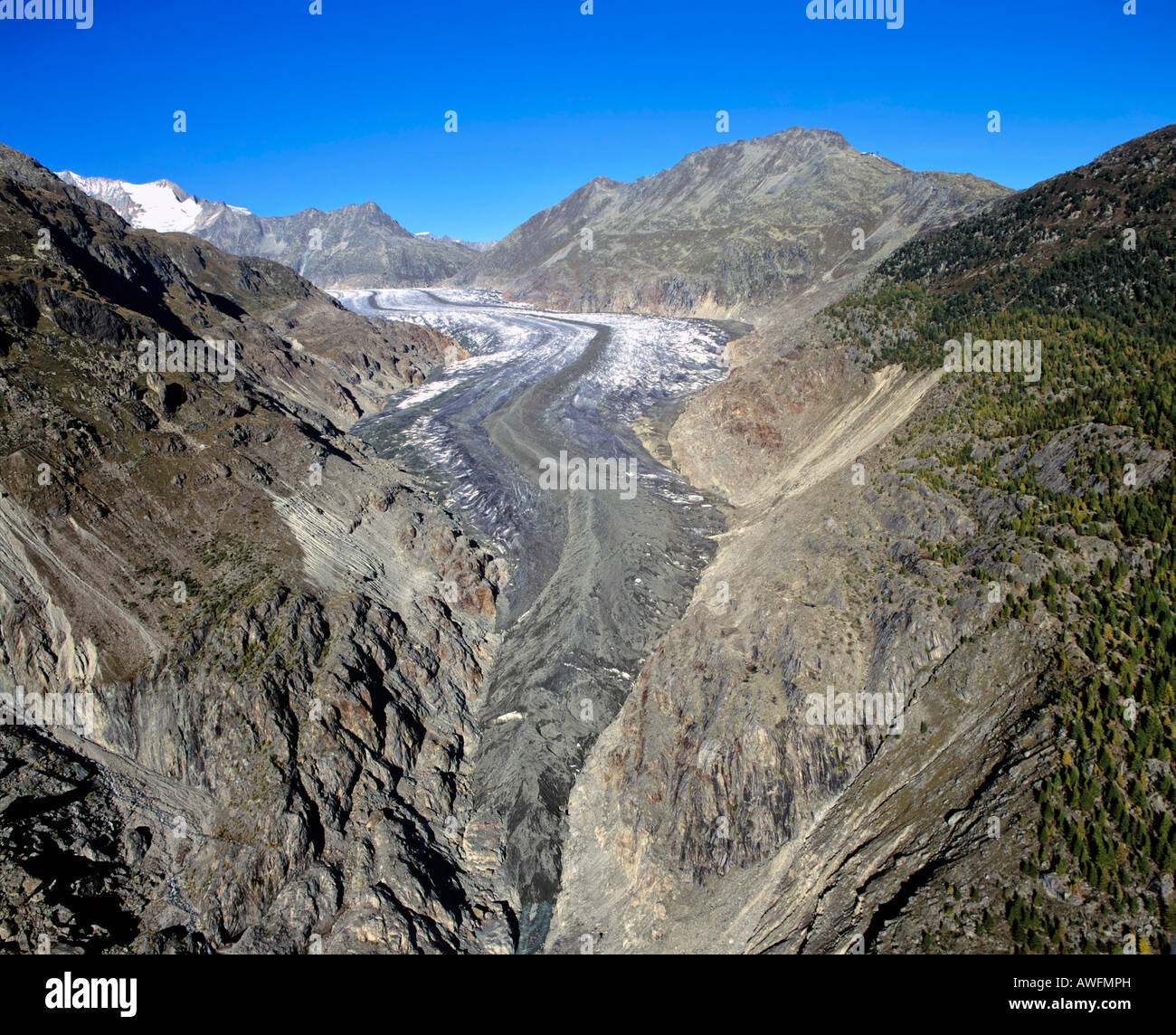 Ghiacciaio di Aletsch, punta della lingua del ghiacciaio, Alpi Bernesi, Vallese, Svizzera, Europa Foto Stock