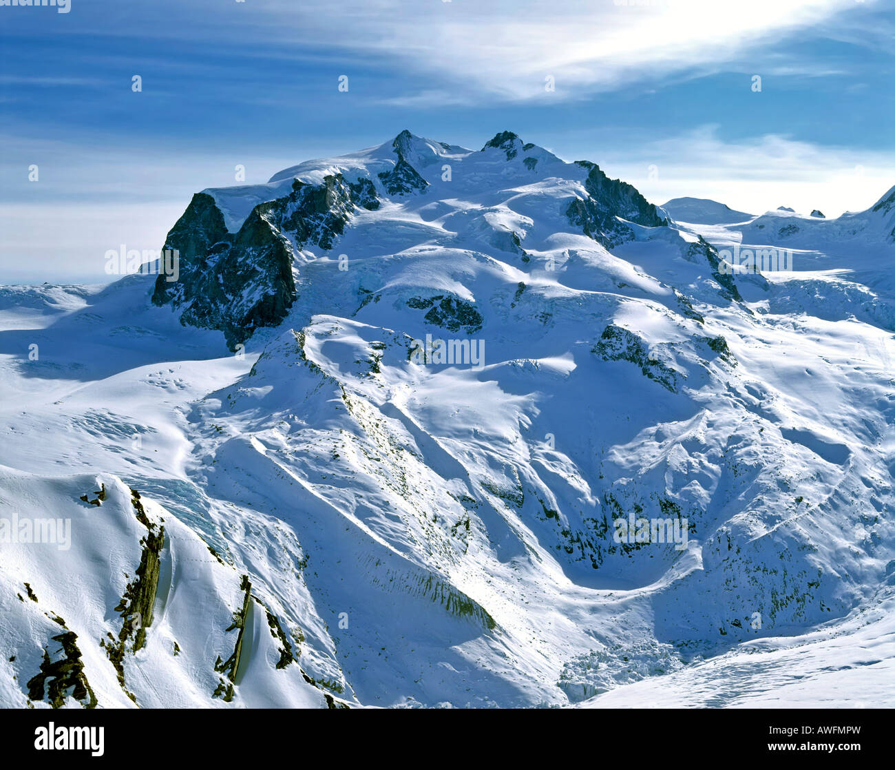 Lato ovest del Monte Rosa massiccio e Gorner ghiacciaio, Wallis Alpi, Zermatt, Vallese, Svizzera, Europa Foto Stock