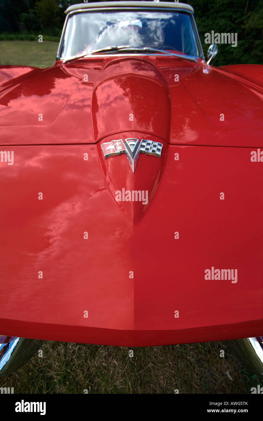 Primo piano del naso anteriore di un 1967 Little Red Corvette Stingray, metà di secolo Foto Stock