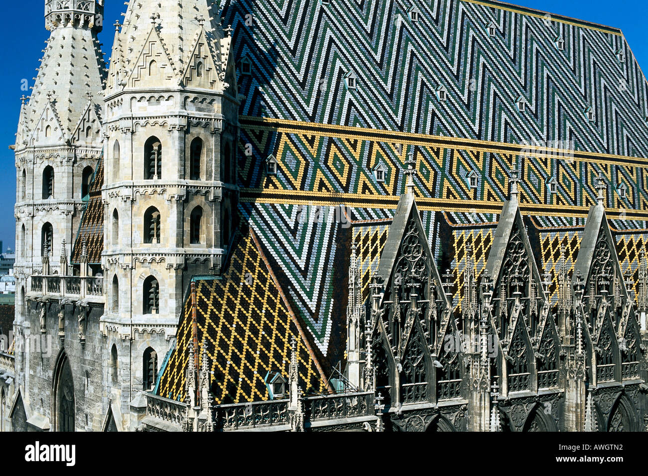 Austria, Vienna Stephansdom, romanico nazioni torri gigante di accompagnamento della porta, colorate piastrelle smaltate piastrelle, tetto Foto Stock