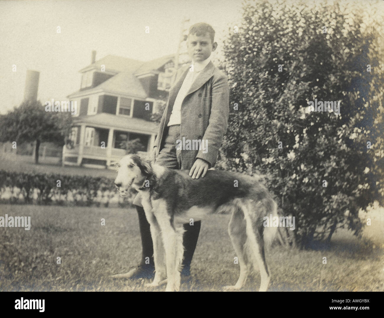 Circa 1890 foto di un giovane ragazzo con il russo wolfhound (cane). Foto Stock