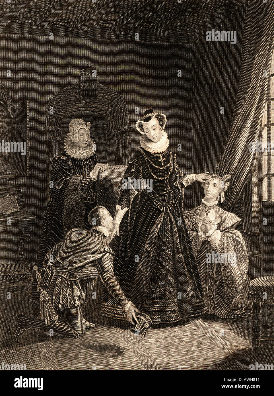 La regina Maria di Scozia nel castello di Lochleven. Maria, Regina di Scozia, 1542-1587, aka Maria Stuart o Maria I di Scozia, figlia di Giacomo V re di Scozia Foto Stock